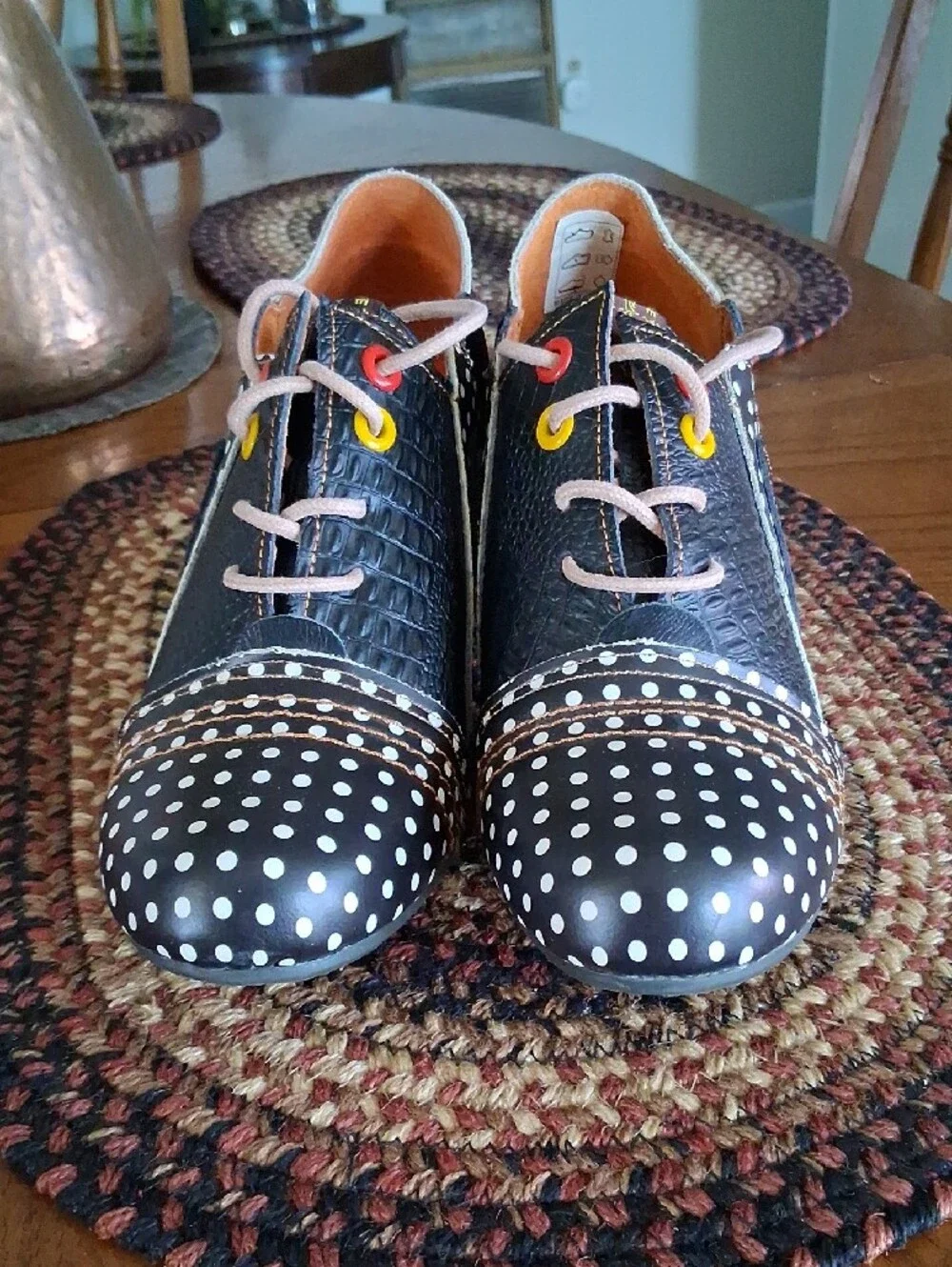 Black Polka Dot Lace-Up Low Heels with Colorful Eyelets Leather Sz. 10